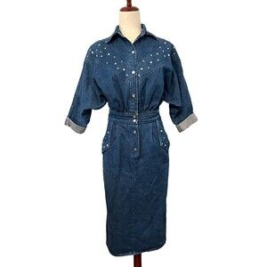 Vtg In-Tice-Ment Denim Shirt Dress Women's S/M Blue Jean Dolman Western Cowgirl